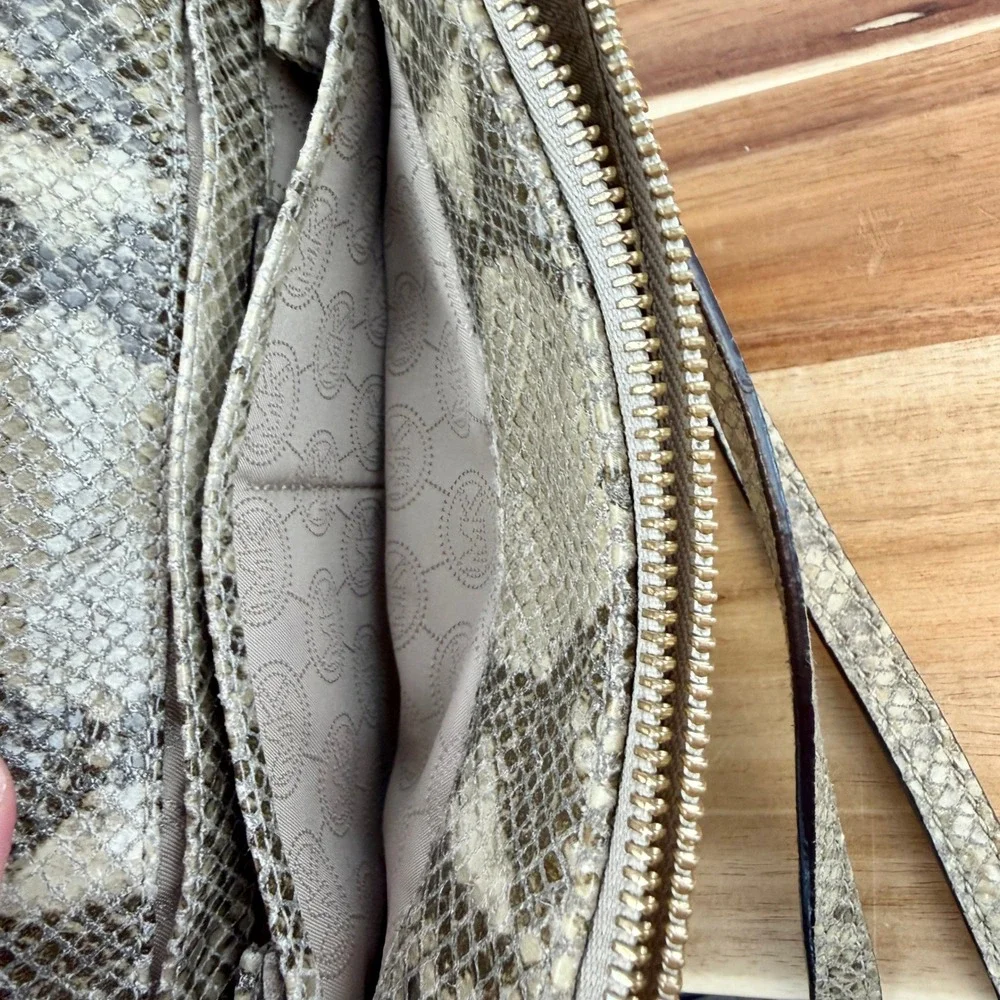 Michael Kors Snakeskin Embossed Leather Crossbody Bag Gold MK Logo Beige Tan